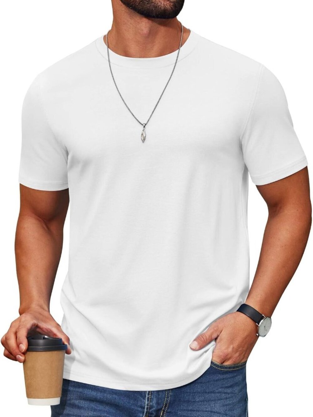Men's White T-Shirt Short Sleeve Cotton Blend Crew Neck Casual Summer Basic Tee - Picture 1 of 6